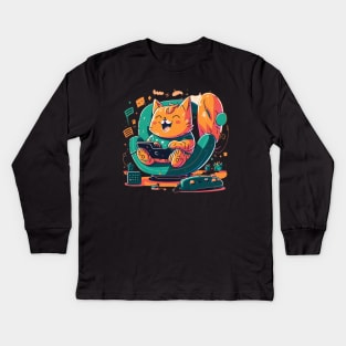 Orange Cat enjoy video game Kids Long Sleeve T-Shirt